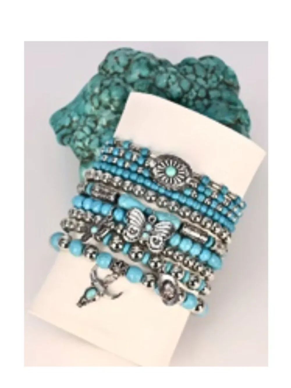NWT Western Bohemian 10pc Stacking Faux Turquoise & Silver Beads Bracelet Set - Picture 2 of 2